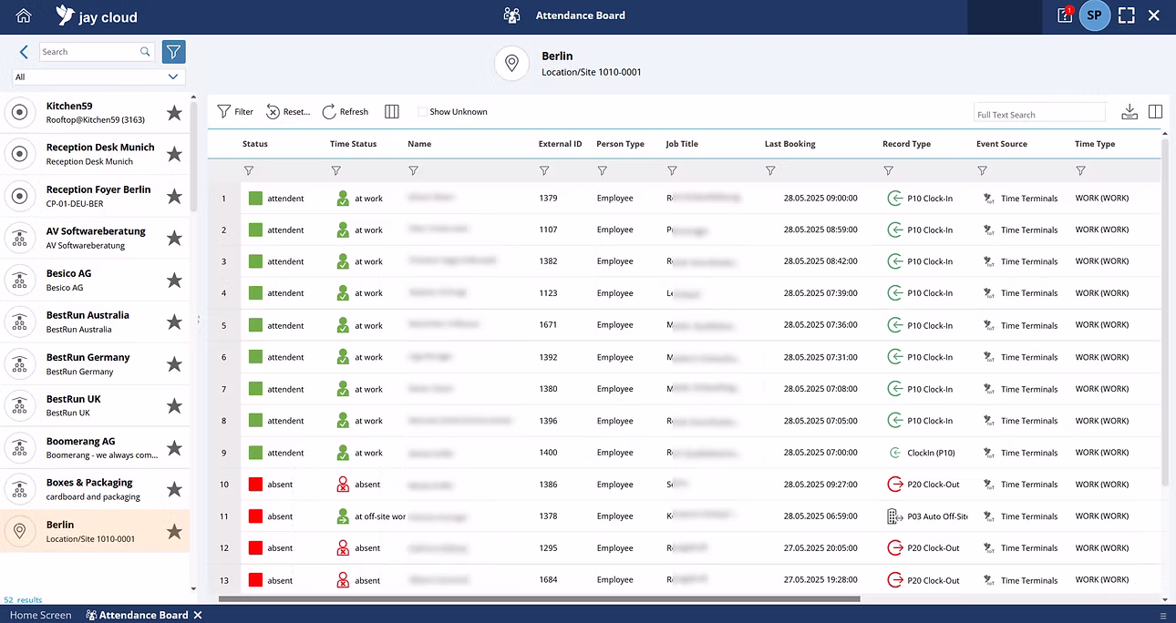jay cloud Attendance Board showing real-time attendance status by location and booking source